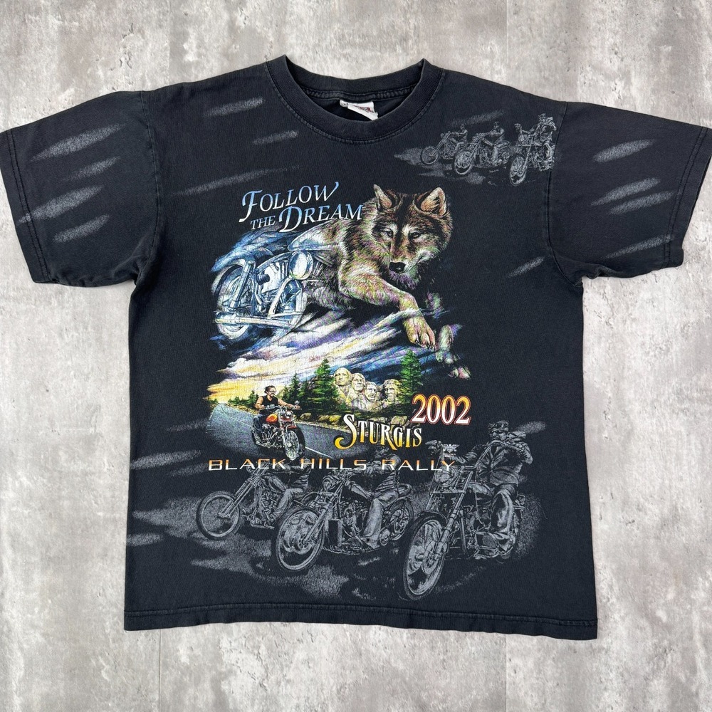 Vintage Sturgis T-Shirt Mens L Black Wolf Eagle Biker Motorcycle AOP 2002